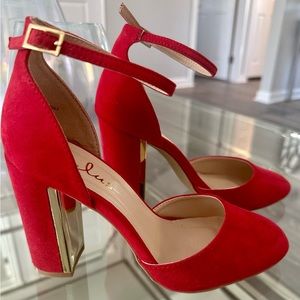 Lulu’s red heels, sexy red shoes, Laura Red Suede Ankle Strap Heels